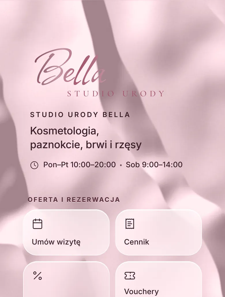 Strona przykładowego salonu w telefonie: logo, godziny otwarcia i kafelki Umów wizytę, Cennik, Promocje i Vouchery prezentowe