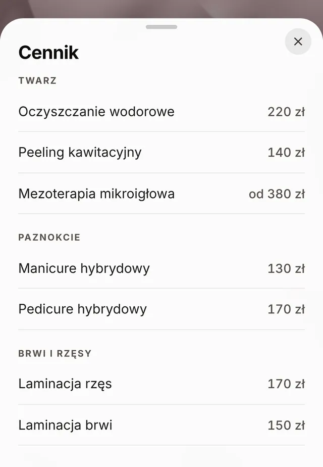 Cennik salonu otwarty w telefonie: zabiegi na twarz, paznokcie, brwi i rzęsy z cenami