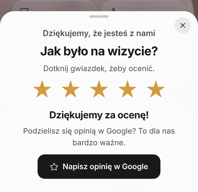 Ocena wizyty: pięć gwiazdek i przycisk Napisz opinię w Google